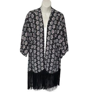 Boho Kimono Size Medium Black Print Fringe Light Jacket Womens Top